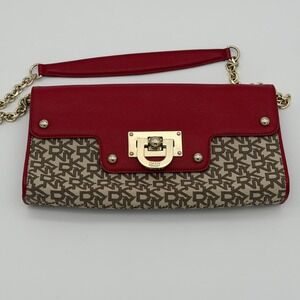 DKNY Red Monogram Chain Shoulder Bag Clutch Gold Hardware Dust Bag‎